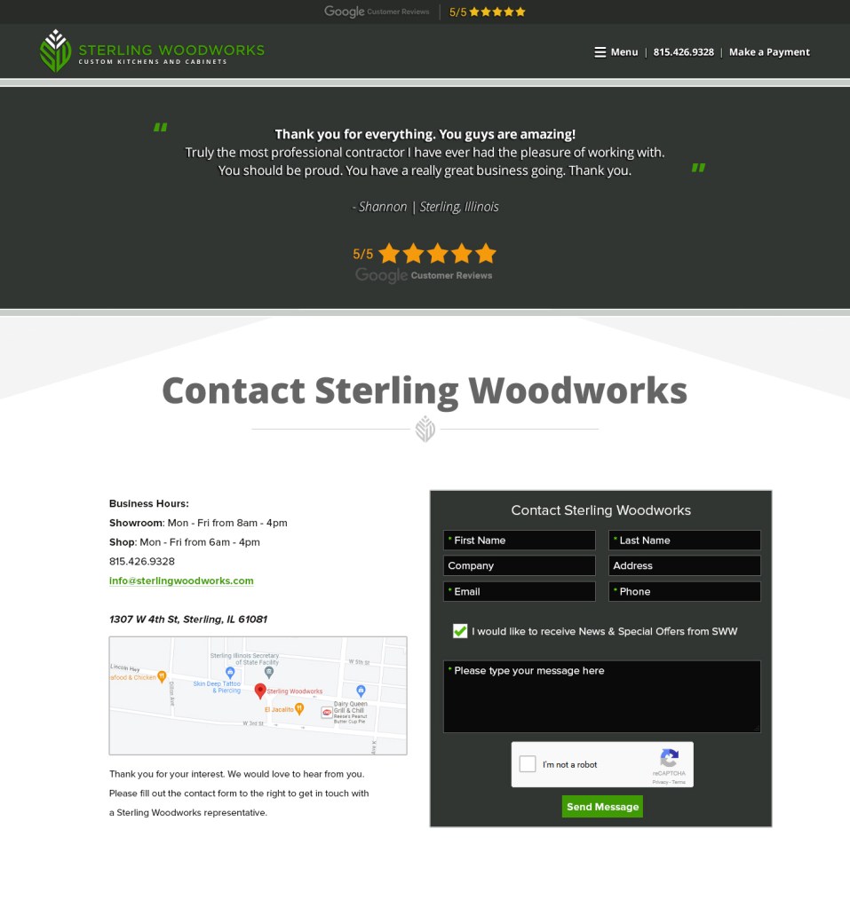 sterling woodworks contact page redesign